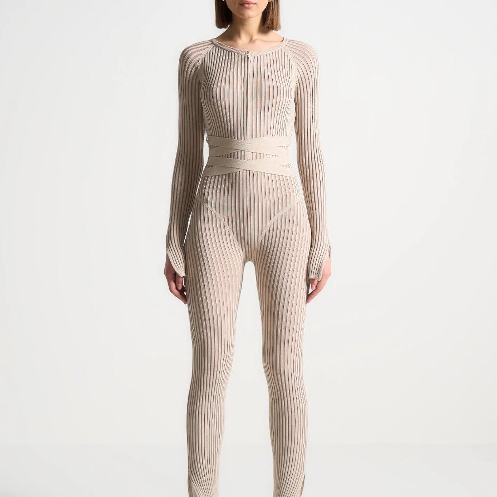 Knitted Two Tone Jumpsuit with Belt - Beige/Taupe